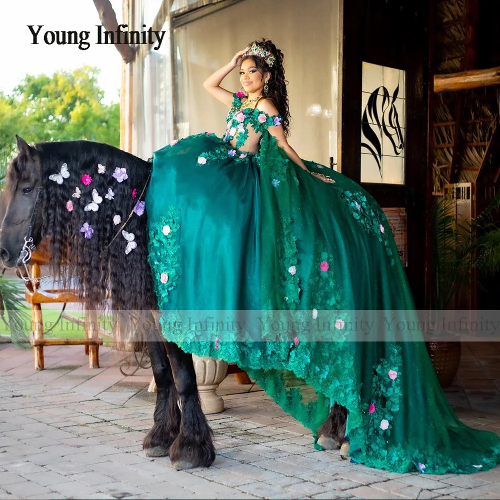 Princess Long Train Green Flower Quinceanera Dress 2024 Ball Gown Birthday Party Formal Sweet 15 16 Pageant Wear Plus Size Gala