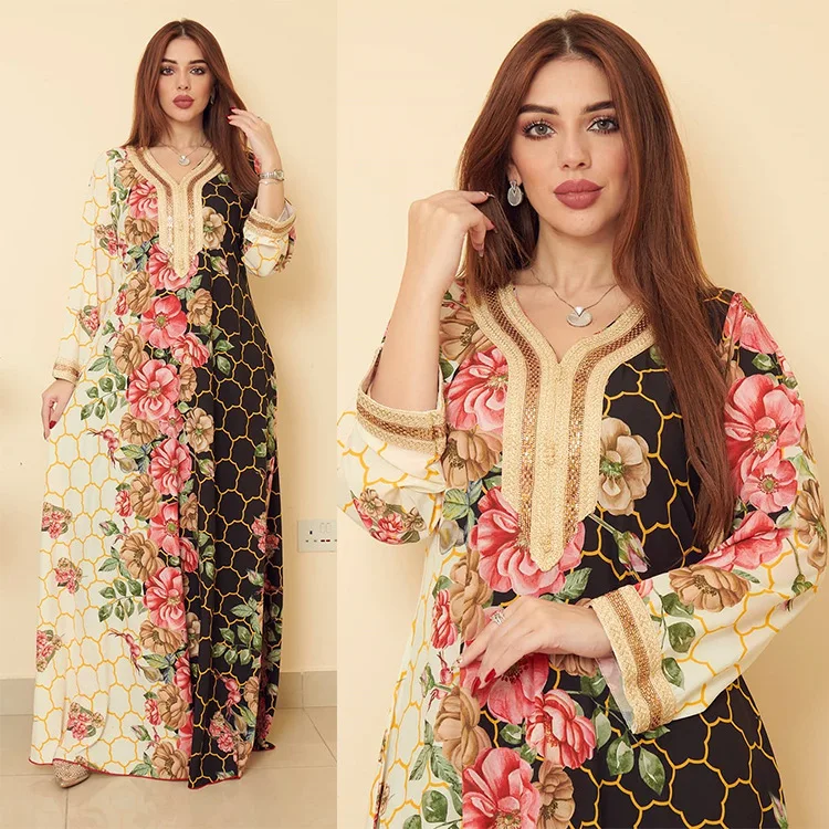 Elegant Ethnic Floral Maxi Dress Abayas For Women Jalabiya Moroccan Kaftan Muslim Evening Party Ramadan Eid Dubai Caftan Jalaba