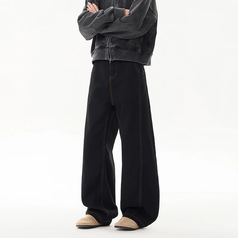 2026 Spring American Washed Curved Knife Design Black Jeans for Men and Women, High Street Loose Wide Leg Floor Length Pants