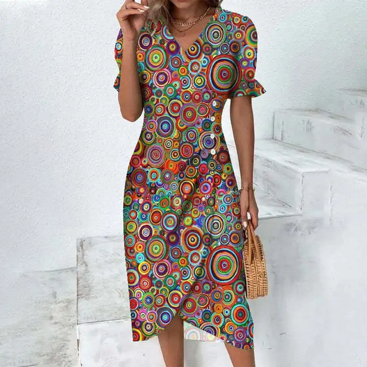 Women Summer Button V Neck Bubble Sleeve Irregular Hem Midi Dress Short Sleeved Floral Printe Slim Fit Casual Ladies Long Skirts