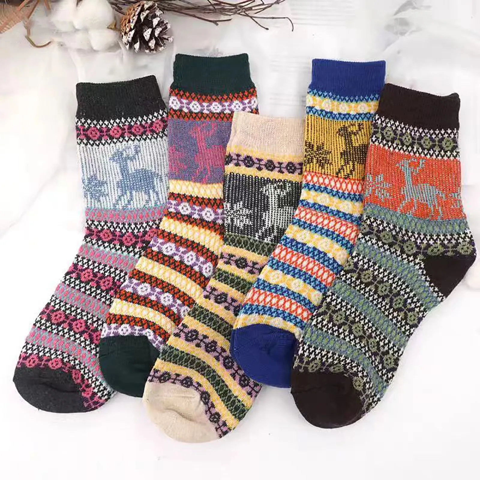 5pairs Unisex Ethnic Style Vintage Thick Wool Warm Crew Men Socks Soft Ultra-Comfortable High Quality Breathable Women's Sock ﻿