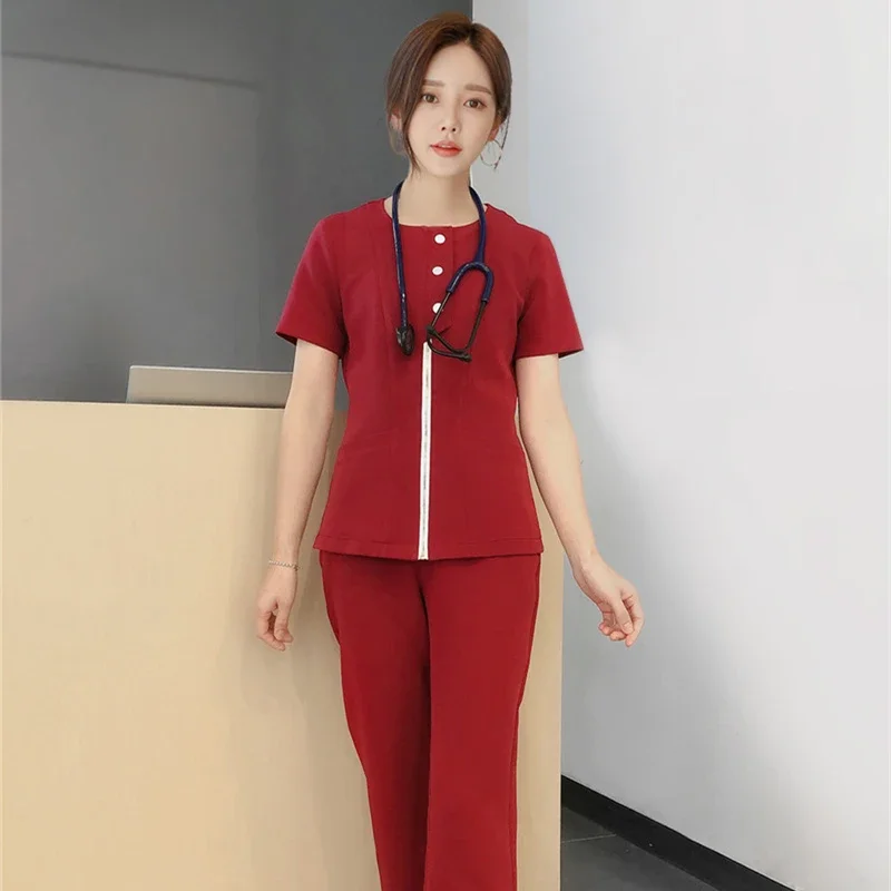 Wholesale Customized Women\'s Scrub Set Metal Zipper Top And Pants Nurse Uniform