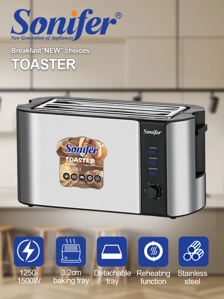Toaster Sonifer SF-6183 1500W Stainless Steel Bread Toaster 6 Browning Levels Defrost Reheat Auto Pop Up for Home Breakfast