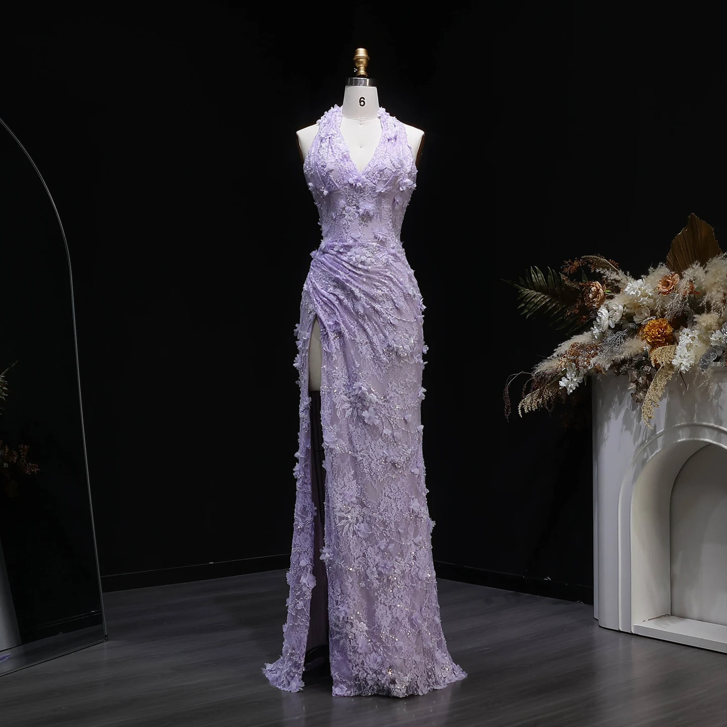 Sharon Said Luxury Heavy Beaded Halter Neck Evening Dress with 3D Flowers High Slit Women Wedding Formal Gown SF521 Customized
