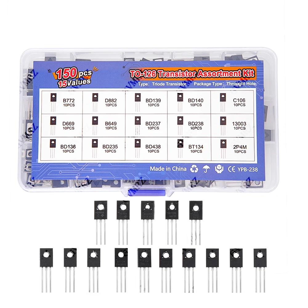 150PCS B772 D882 BD139 BD140 TO-126 Transistor Assortment Kit Pack C106 D669 B649 D237 D238 13003 BD136 BD235 BD438 BT134 2P4M