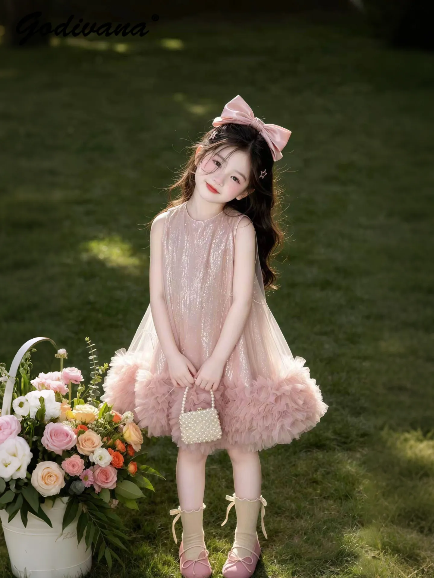 

Sweet Girls Fashion Sequin Bow Mesh Princess Party Dress Childrens Luxury Pink Sleeveless Ruffle Hem Casual Vest Tutu Dresses