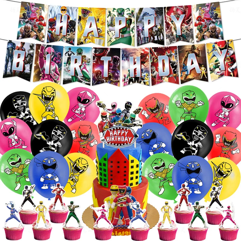 Power rangers series Birthday Party dinnerware Disposable Banner Cake Topper Hanging Flag Balloons Birthday Decoration