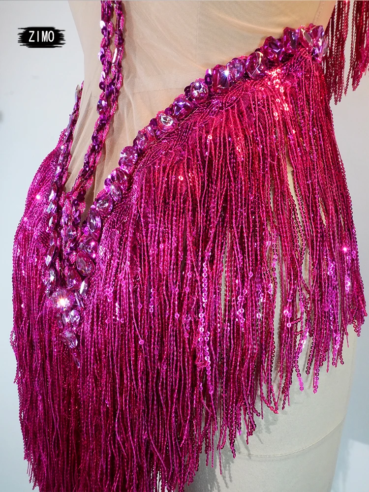 Robe latine Sexy à paillettes et cristaux dorés, avec franges en maille, pour spectacle de danse sur poteau, discothèque, anniversaire, tenues d'équipe pour femmes