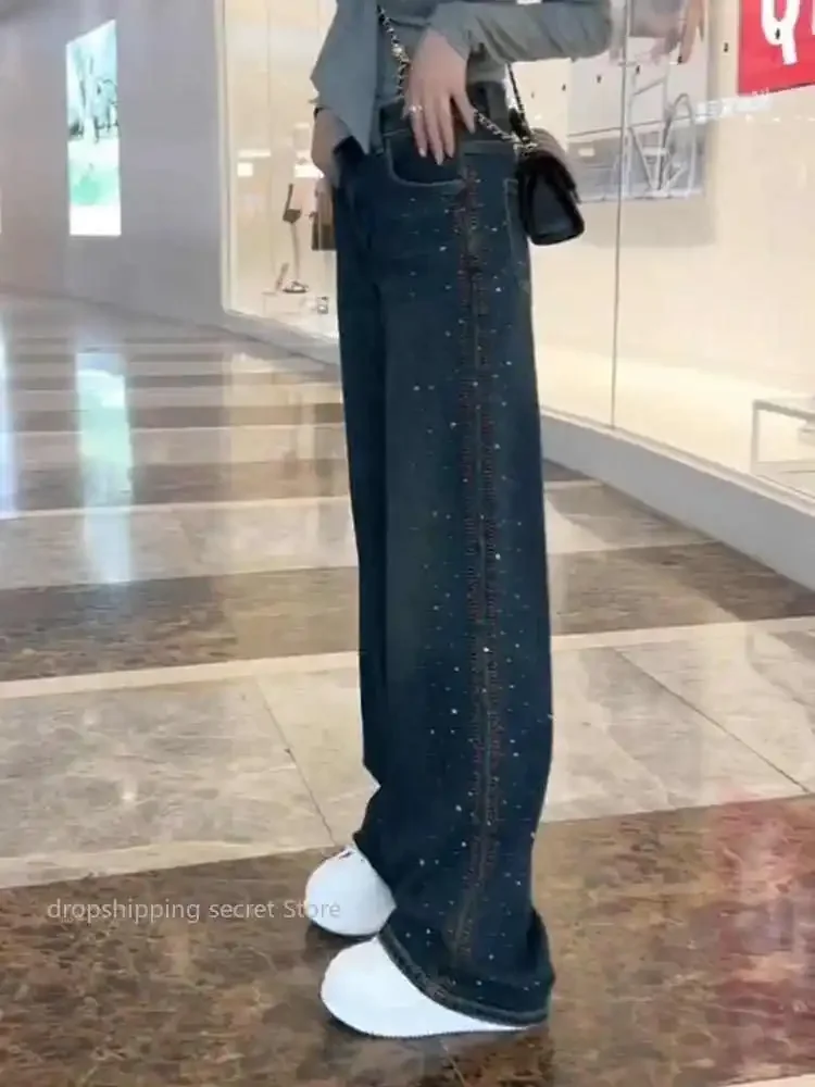 Retro Heavy Industry Diamond Hot Stamping Jeans for Women's Autumn Winter  High Waist Loose Slimming  Wide Leg Floor Pants