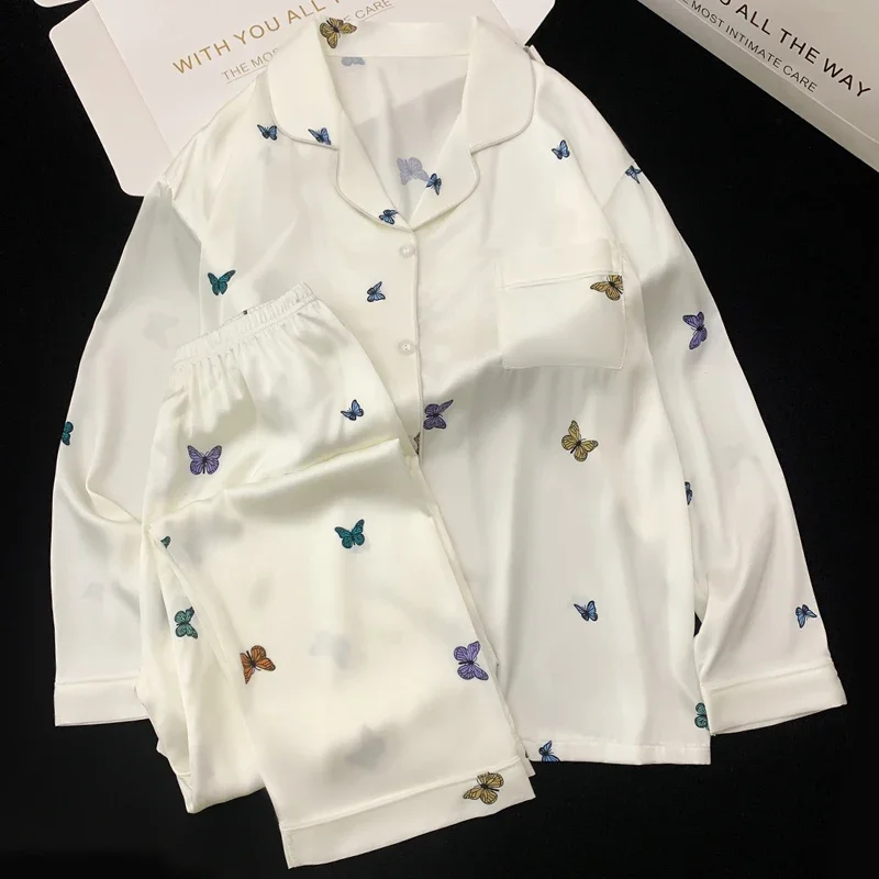 

French Elegant Romantic Butterfly Print Women Pajamas Simple Ins Literary Aesthetics Sleepwear 2024 Fall Winter New Y2k Lounges