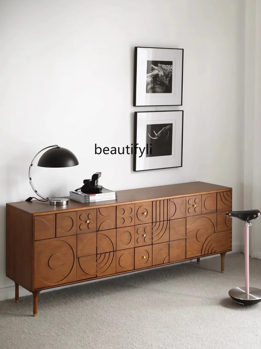 

Modern Sideboard Cabinet Mid-Ancient Solid Wood Boxwood Carved Double Door Cabinet Retro Style Bedroom Storage Cabinet