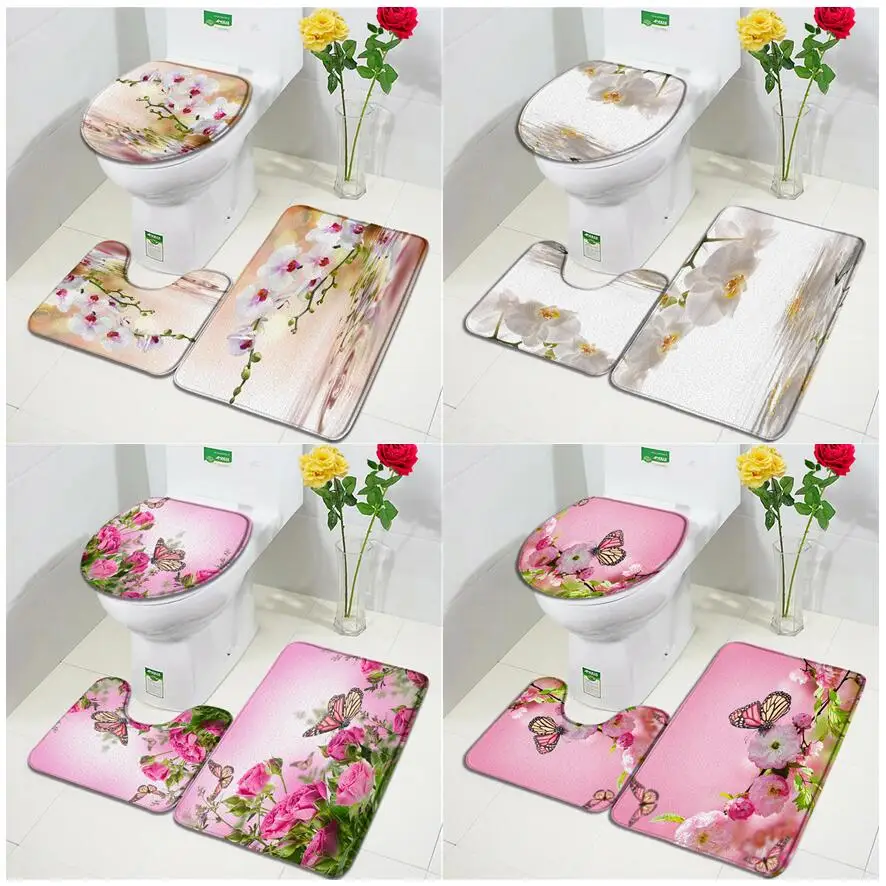 Rustic Butterfly Flowers Bath Mat Set White Orchid Pink Rose Spring Nature Floral Plant Bathroom Decor Non-slip Rug Toilet Cover