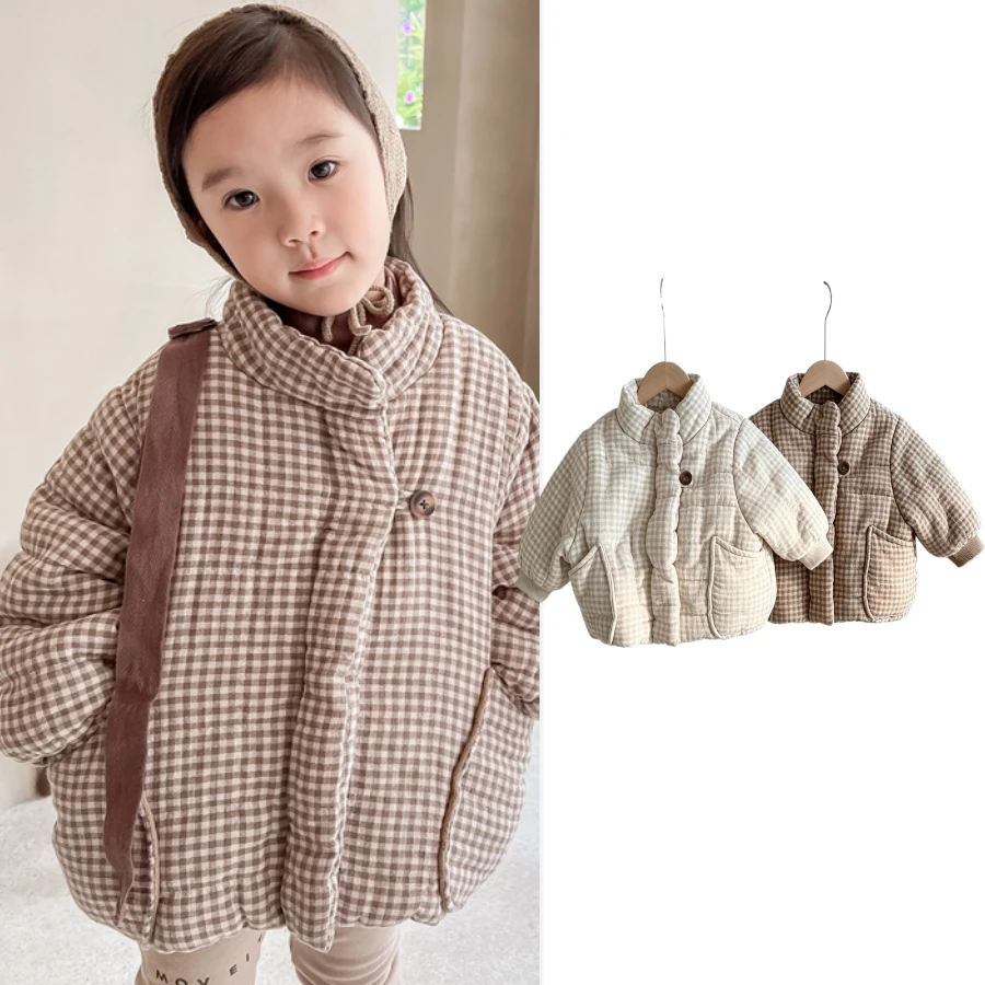 Girls Winter Plaid Cotton Padded Jacket Fleece Lined Thick Warm Puffer Coat Stand Collar Button Down Kids Casual Snow Outwear