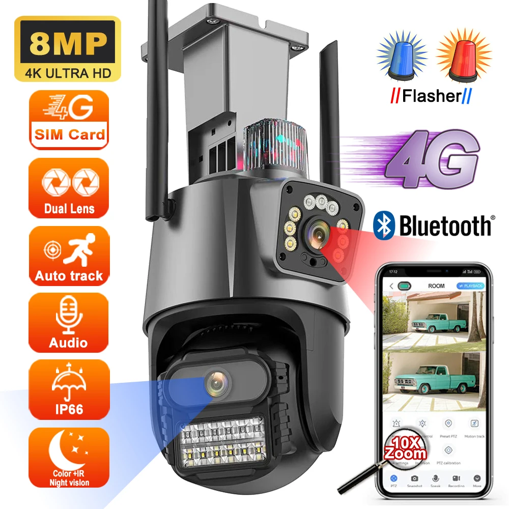 

8MP 4K 4G Sim Card Camera HD Dual Lens Dual Screen 8x Zoom PTZ Human Detection Waterproof Night Vision IP Cameras Security CCTV