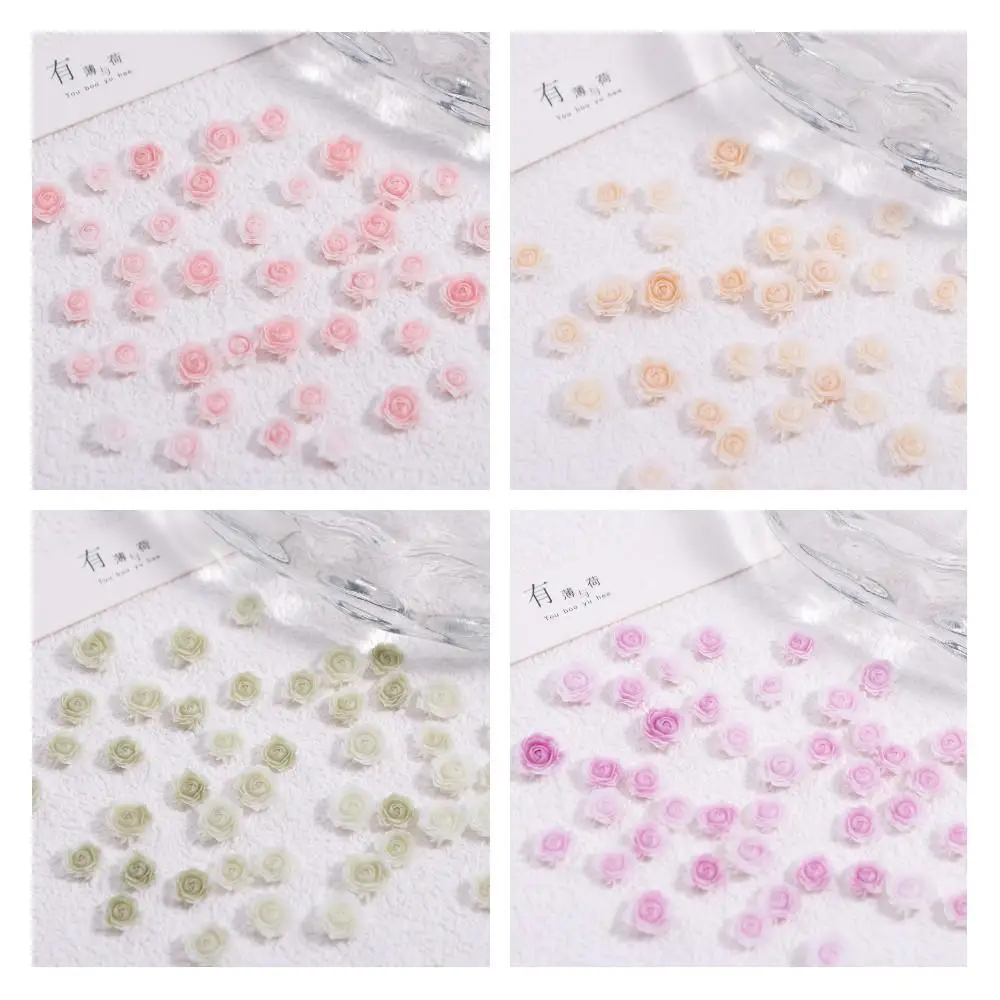 50Pcs Resin Gradient Rose Nail Art Charm 3D Mixed Size 6mm + 8mm Carving Camellia Flowers Nails Rhinestones Manicure Accessories