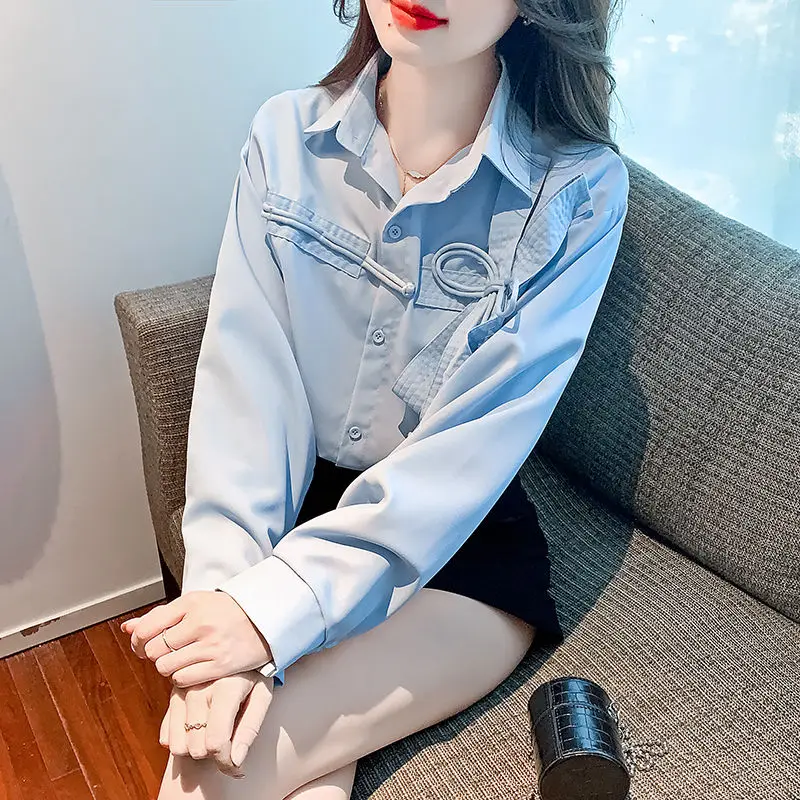 Fashion Lapel Button Spliced Lace Up Bow Shirts Female Clothing 2024 Autumn New Loose Solid Color Casual Tops Sweet Blouses