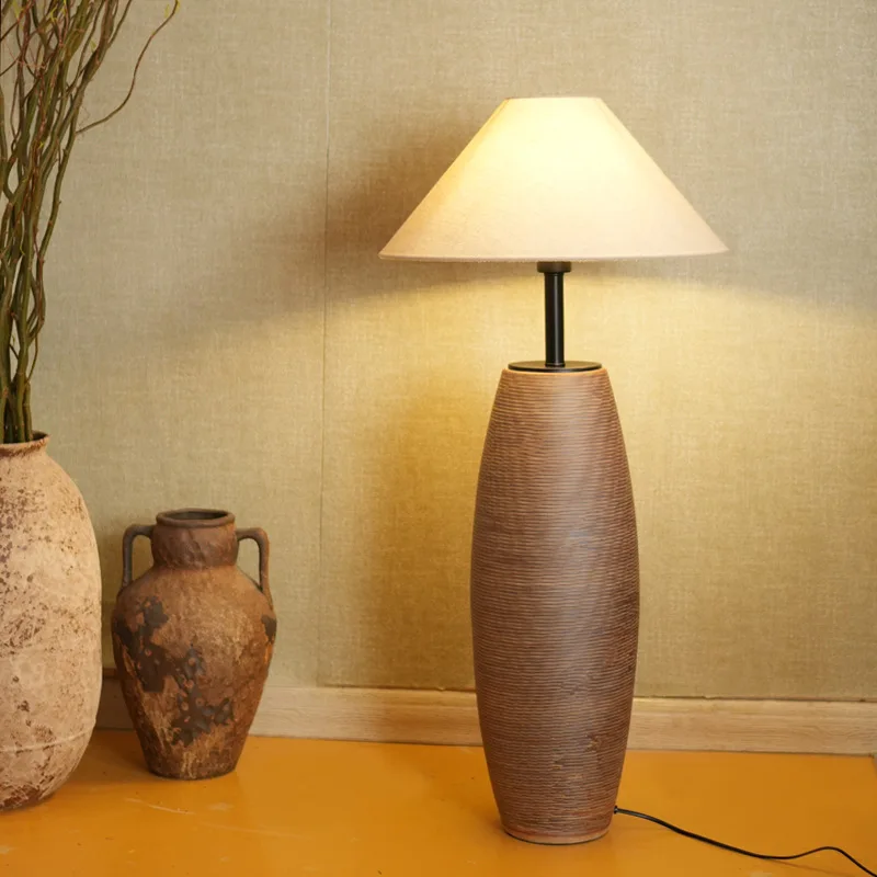 Japanese Retro Ceramics Floor Lamp Design Amphora Linen Restaurant Homestay Room Decor Floor Lamp Warm Atmosphere LED Lights