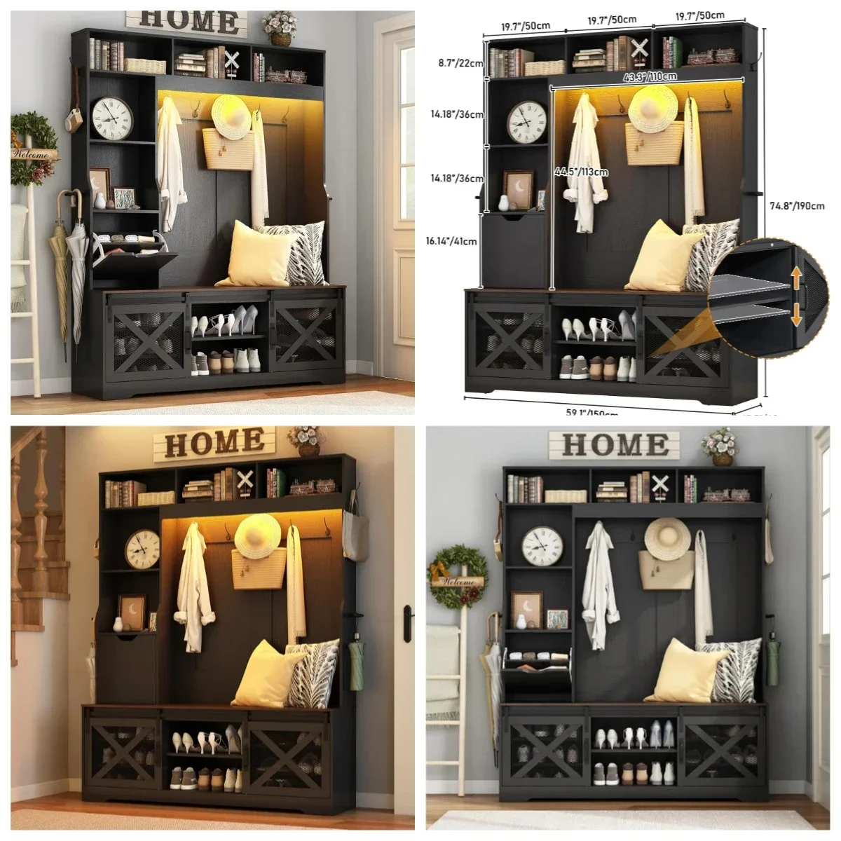 

Premium 75''H LED Farmhouse Hall Tree with Bench and Shoe Storage,Entryway Bench with Coat Rack,16 Shoe Cubbies & Umbrella Holde