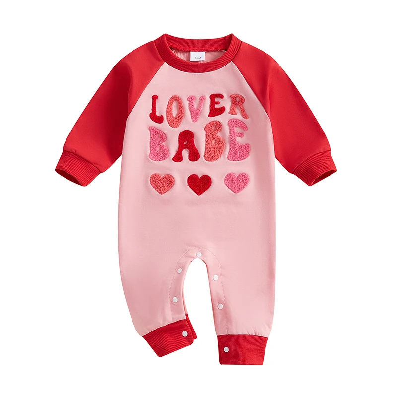 

Baby Valentine s Day Romper Letter Embroidery Long Sleeve Crew Neck Full Length Jumpsuit for Boys and Girls