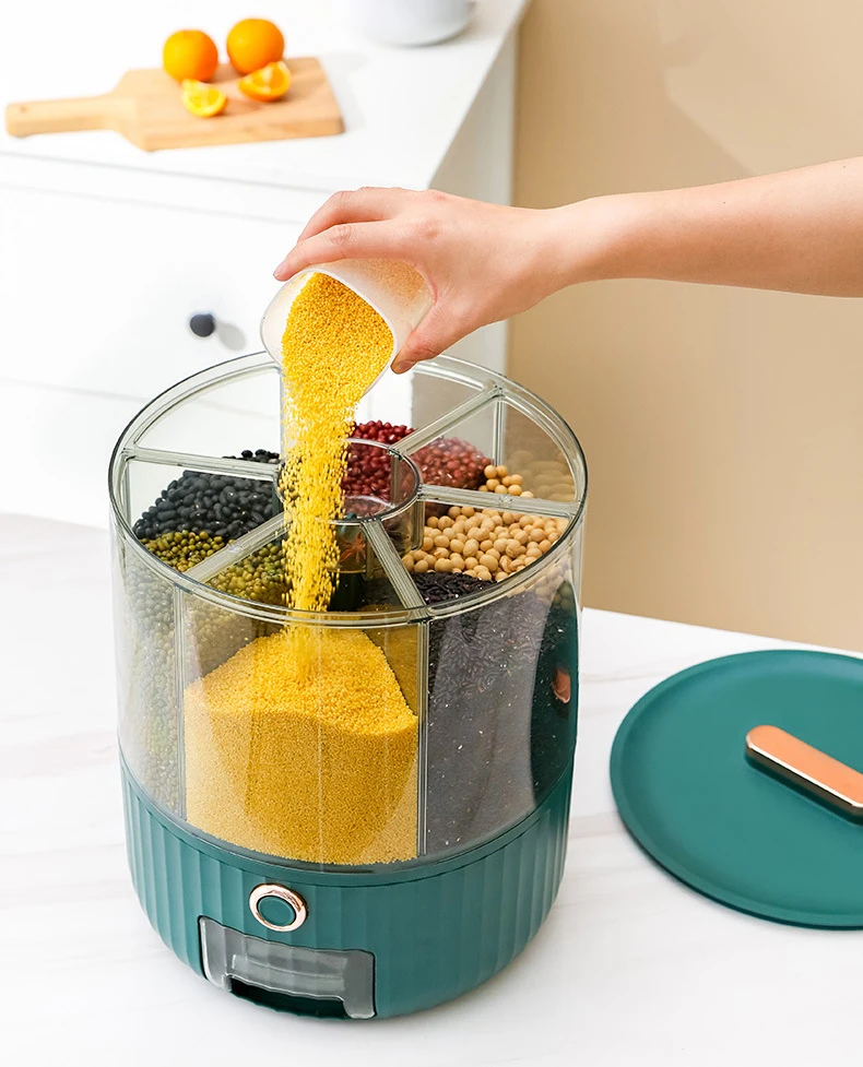 Kitchen Storage Box 360 Degree Rotating Rice Dispenser Sealed Dry Cereal Grain Bucket Dispenser Moisture-proof Food Container