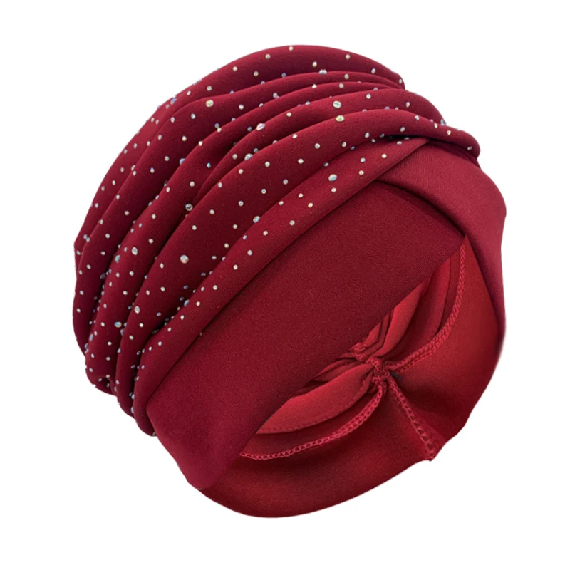 Muslim Headscarf Cap Lady Head Wrap Bonnet Fashion Hijab Turbans African India Hats Glitter Diamond Pleated Turban Hat for Women