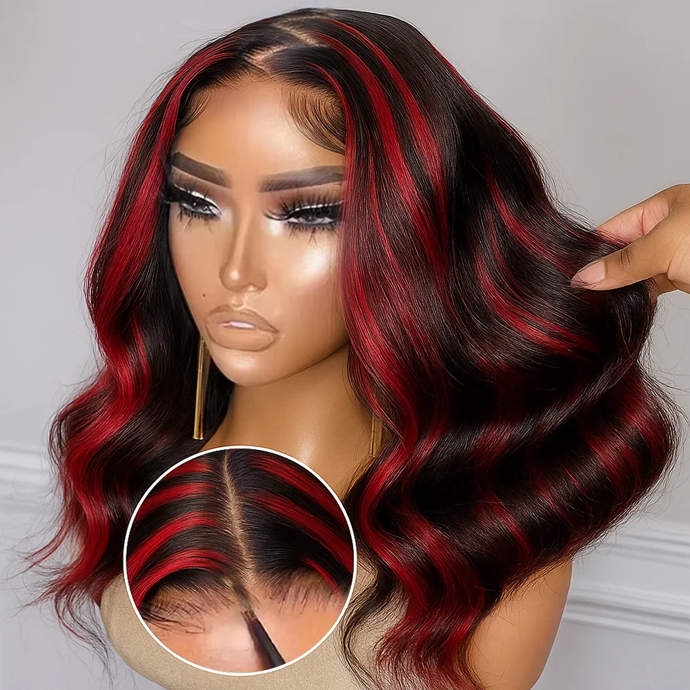 

1B/99j Burgundy Highlight Bob 5x5 Glueless Body Wave Wear And Go Wig 13x4 HD Lace Front Brazilain Red Colored Human Hair Wigs