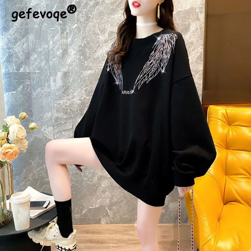 

Rhinestone Wing Chic Black Korean Streetwear Oversized Female Sweatshirt Casual O Neck Long Sleeve Pullovers Tops Women Clothing