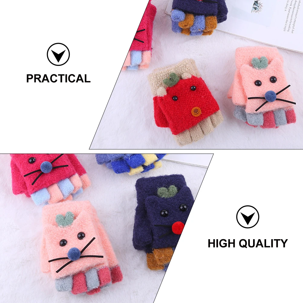 

1 Pair Flip Warm Kids Cartoon Half Finger Knitted Gloves Lined Soft Touch Screen Winter Outdoor Wearable Gift Mitts