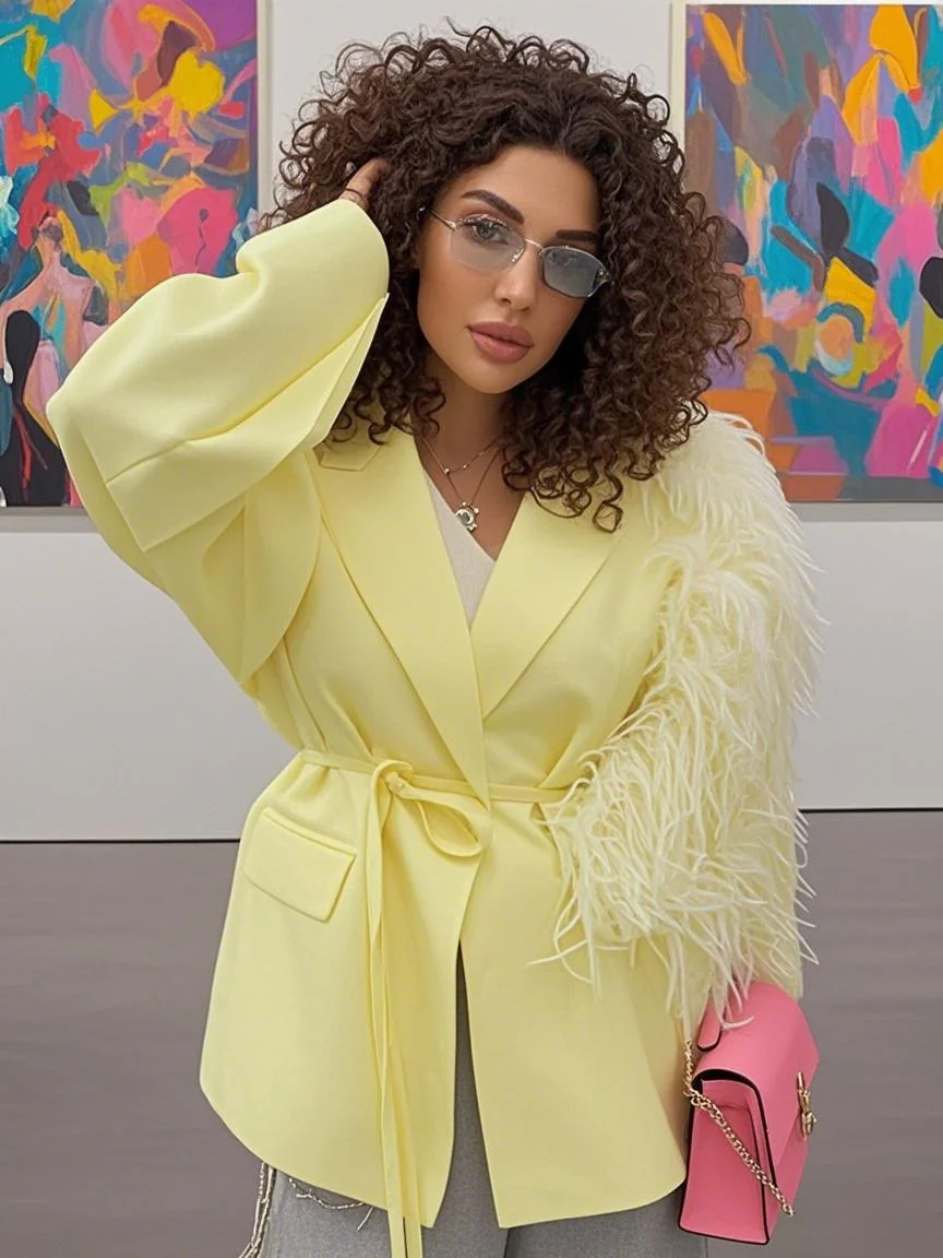 

Designer Women's Feather Blazer Oversized Long Sleeve Belted Jacket Chic Loose Fit Coat For Woman Casual Daily Party Outfit