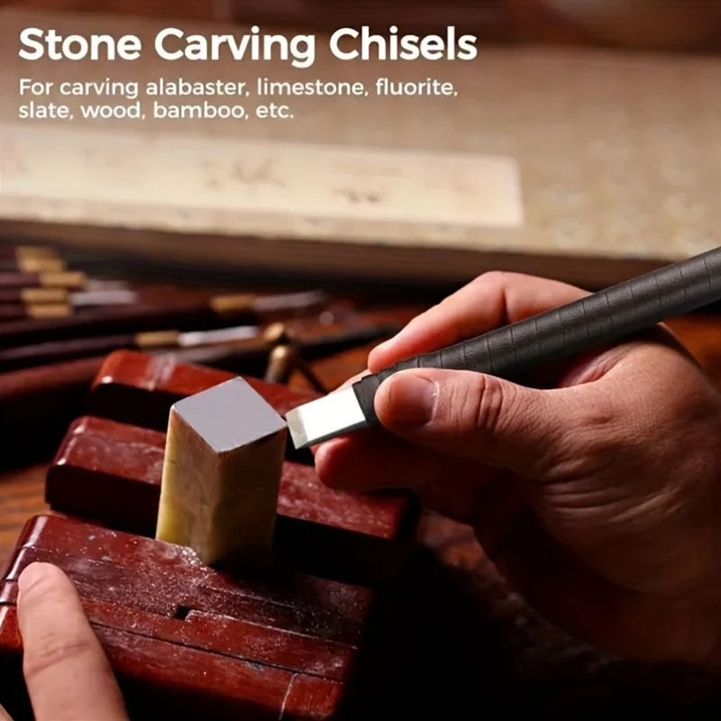 ‌8pcs Tungsten Steel Carving Chisels Set - Leather Handle & Bag for Stone/Wood/Metal Engraving - view 3