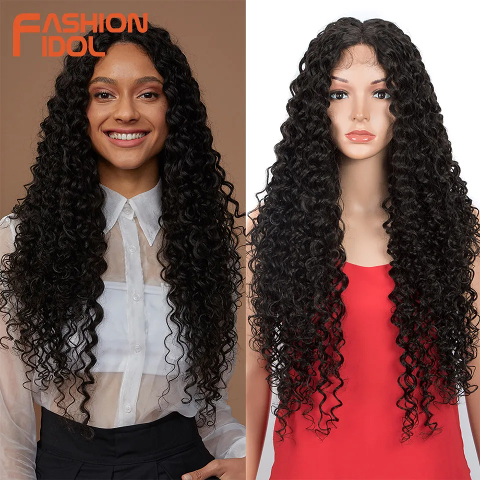 FASHION IDOL 30 Inch Kinky Curly Cosplay Lace Wigs Soft BIO Hair Wavy African American Heat Resistant Synthetic Wigs For Women