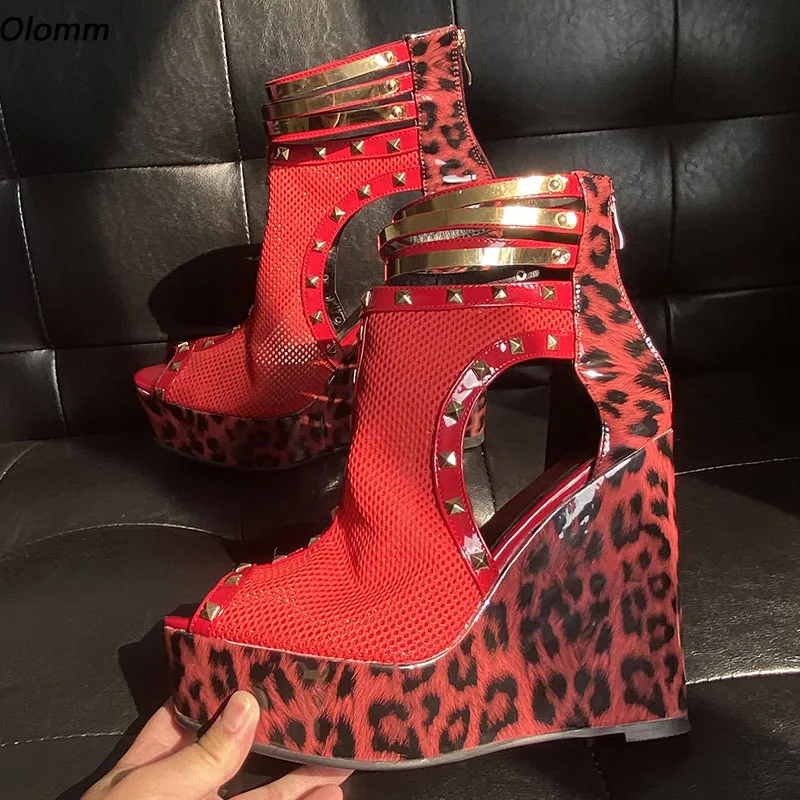 

Olomm Handmade Women Platform Sandals Patent Studded Wedges Heels Peep Toe Beautiful Leopard Cosplay Shoes US Plus Size 5-20