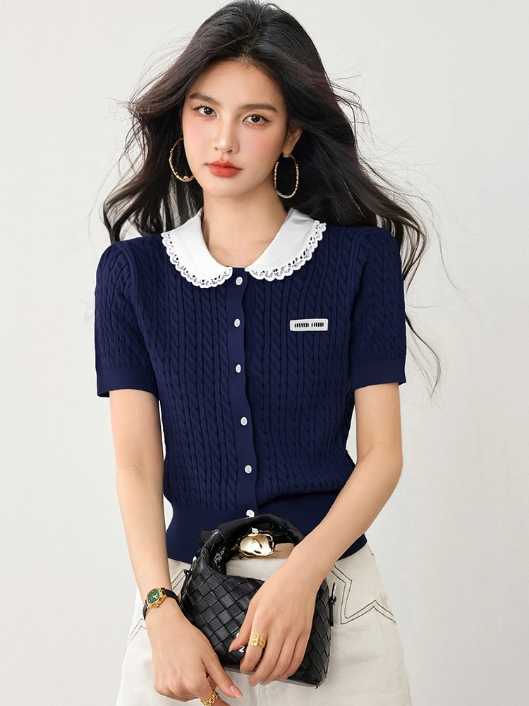 

Women Summer New Slim Tops Design Sense Niche Short Sleeve Knitwear T-shirt Ladies Fashion Temperament Contrasting Colors Tops