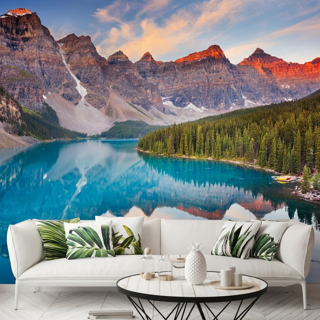 Self-adhesive material featuring Rocky Mountain scenery with a glacial lake view, perfect for bedroom background wall.