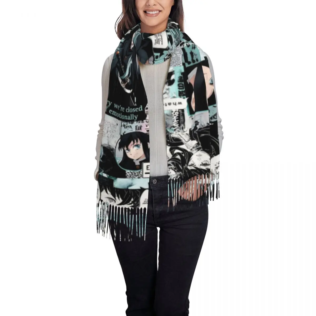 أنيمي شيطان القاتل Muichiro Tokito Kimetsu No Yaiba وشاح شرابة الأوشحة النساء شالات و يلتف طويل الخريف الشتاء شال التفاف