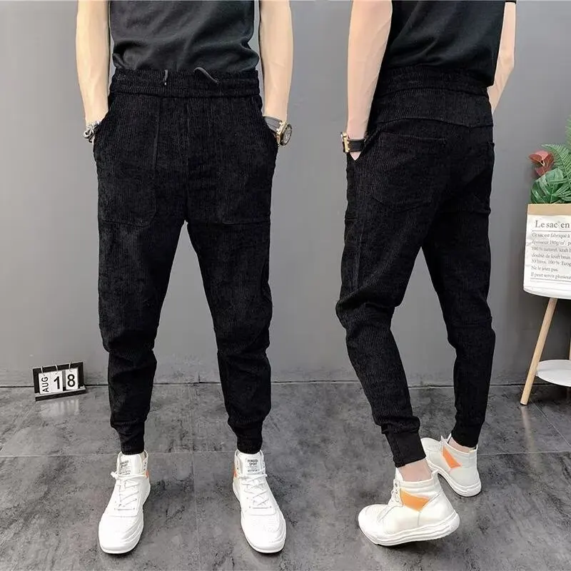 Moletom de veludo forrado de lã masculino, calça casual Slims, calça harém na moda, calça de jogging Rib Leg, calça Y2K