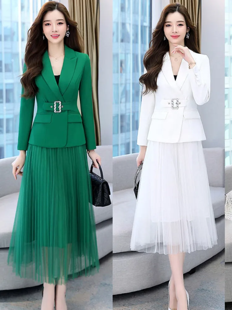 

Vintage Tulle Skirt Women Elastic High Waist Long Sleeve Fashion Solid Korean Professional Elegant Blazer Office New