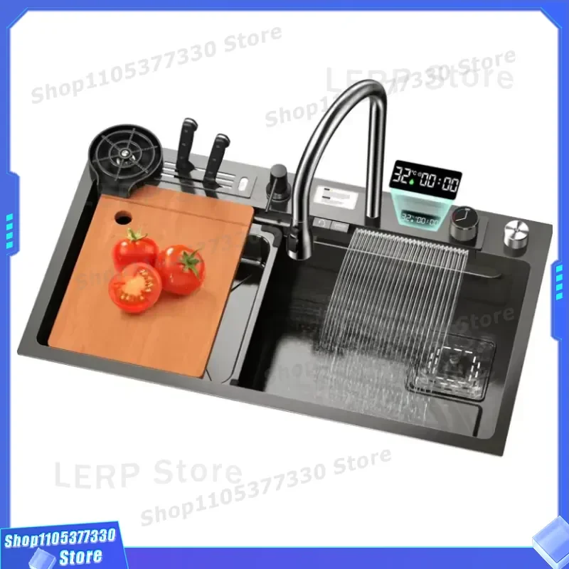 Modern Black Nano Stainless Steel Kitchen Sink Set Single Bowl Smart Faucet Digital Display Multi Functional Wash Basin Smart