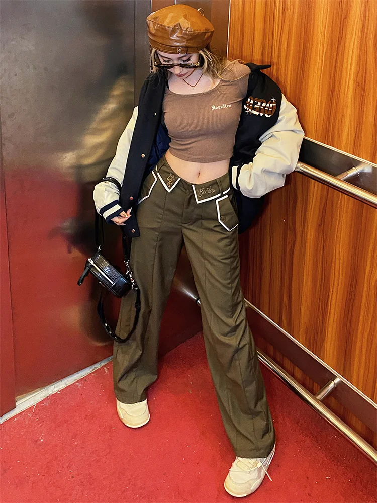 

American College Sle Coffee Color Women's High Waist Drape Straight Casual Pants School orm Wide Leg Pants Street Sle