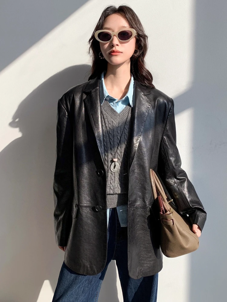 Vestes Blazer décontractées en cuir véritable pour femmes, nouveau manteau haut de gamme Simple, solide, cire d'huile douce, en peau de mouton véritable, printemps automne 2025