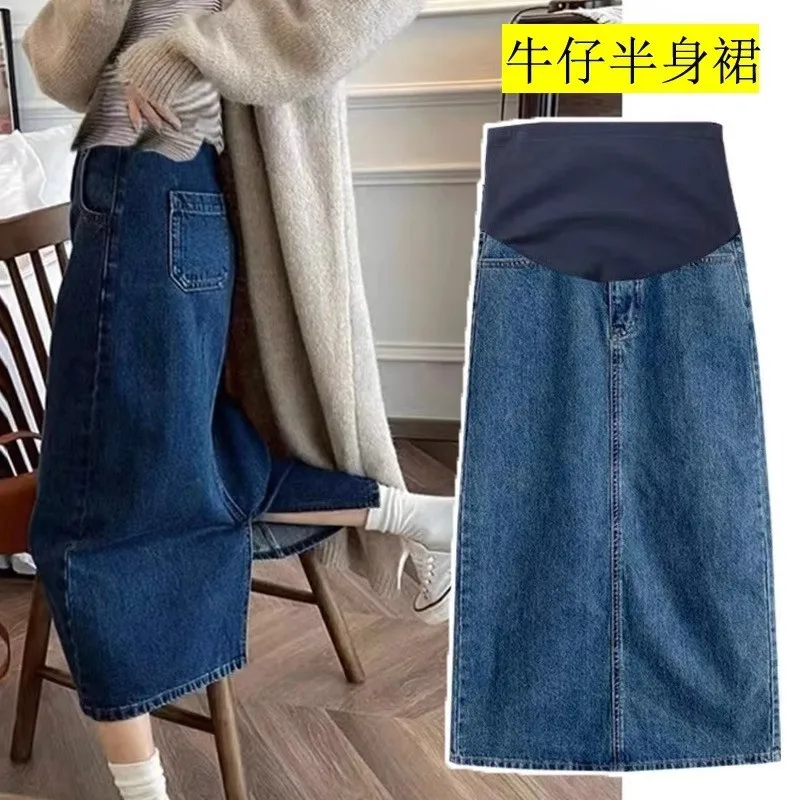 Rok Denim ibu hamil modis rok ibu hamil model A-Line wanita hamil belahan pinggang tinggi rok pensil kehamilan Panjang setumit antik