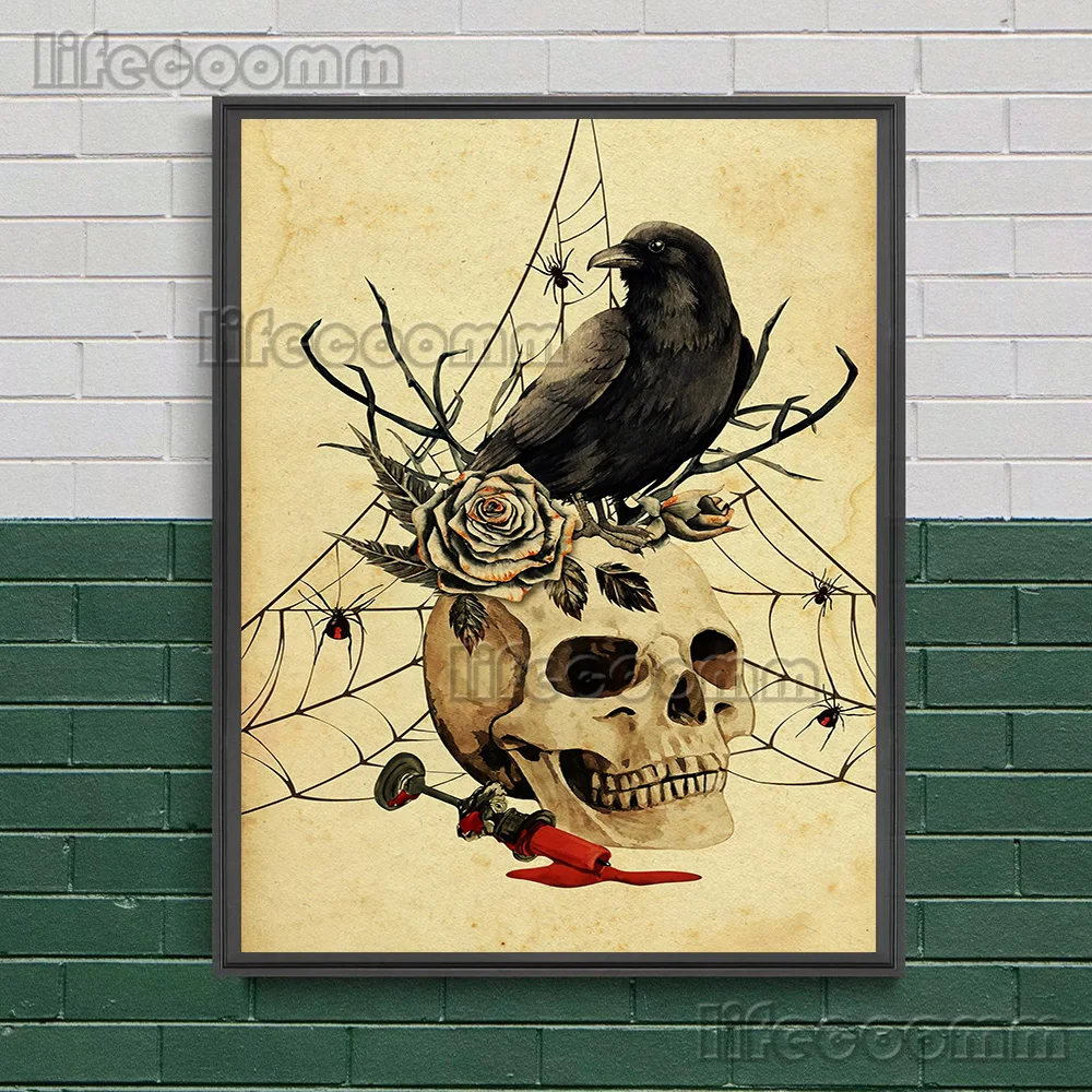 الساحرة غامض أسود أبيض الغراب الرموز خطوط هندسية ، جدار الفن قماش الطباعة ، العث والخفافيش القوطية ، الفن الحديث ، ديكور طباعة الملصق #3