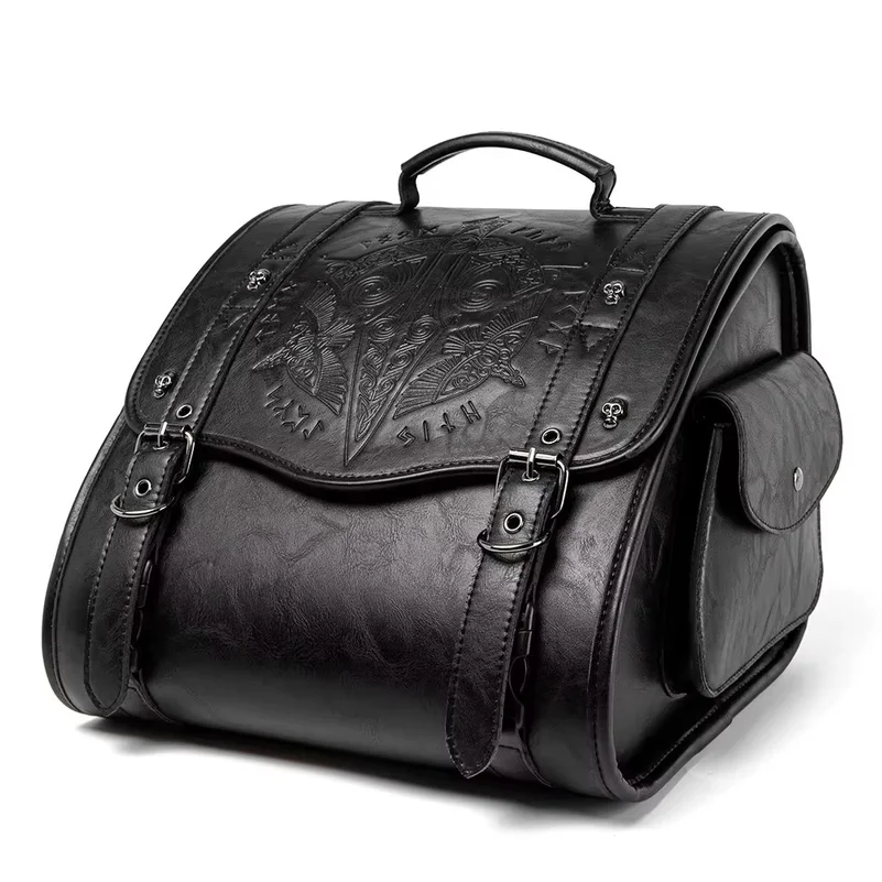 Retro Universal Motorcycle Rear Seat Bag PU Leather Skull Monster Pattern Knight Tail Storage Bag Waterproof Storage Tool