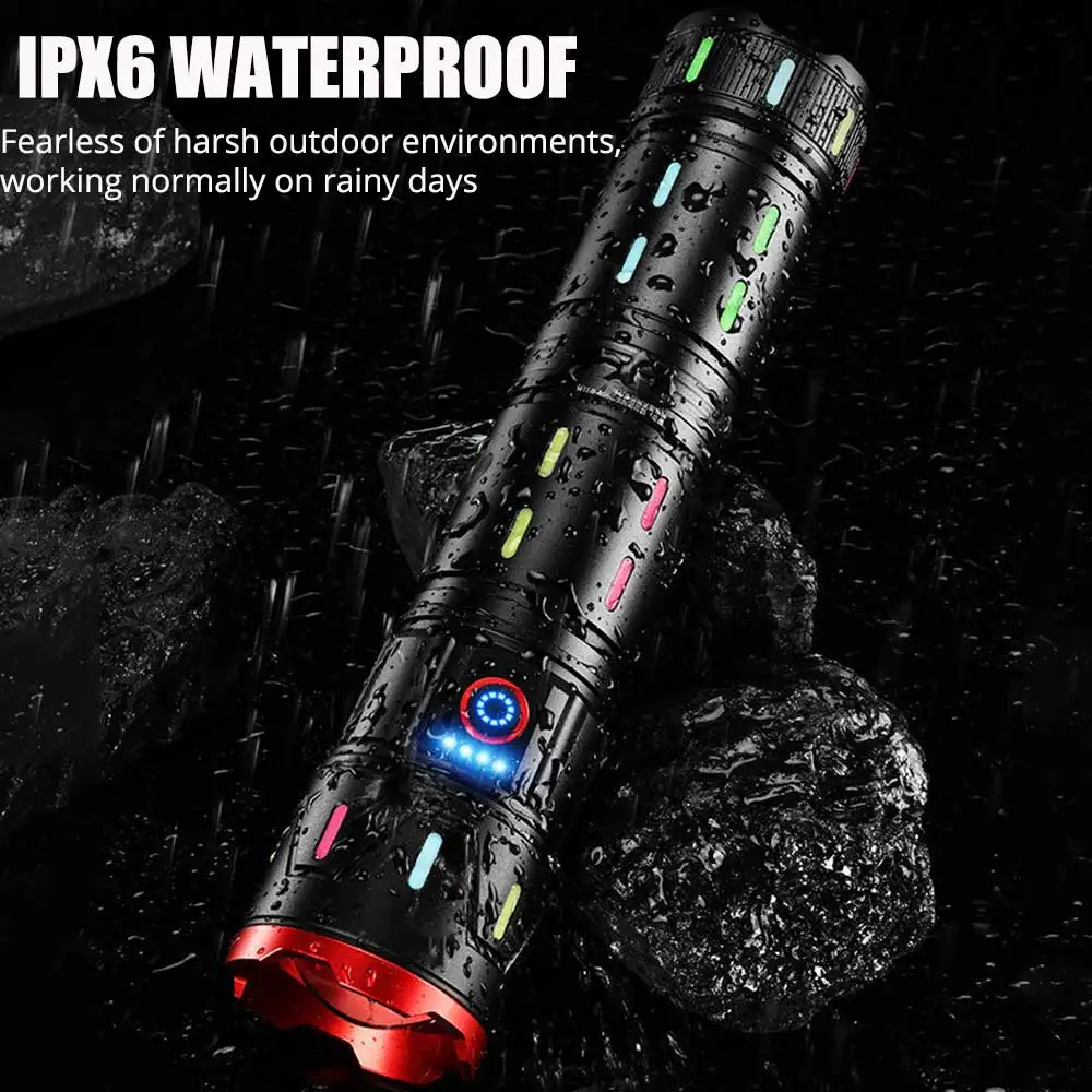 10000mah 2024 Power Spotlight LED Flashlight With Fluorescent Absorbing Film Luminous Colorful Tactical Torch With Power Display