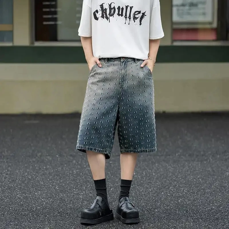 

Men's Denim Shorts with Dot Detailing, Gradient Wash Effect, Loose Wide-Leg Silhouette, Y2K Streetwear Aesthetic, Summer Casual