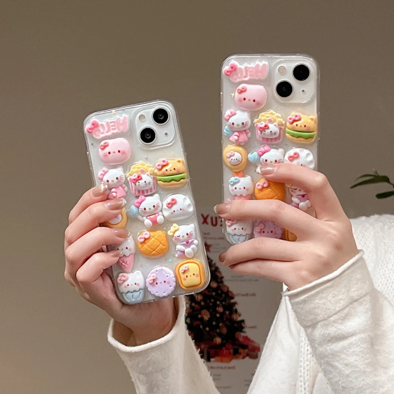 3D Stereoscopic Cute Cartoon Sanrio Hello Kitty Transparent Phone Case For iPhone 15 Pro 14 13 12 11 Pro Max Soft TPU Cover