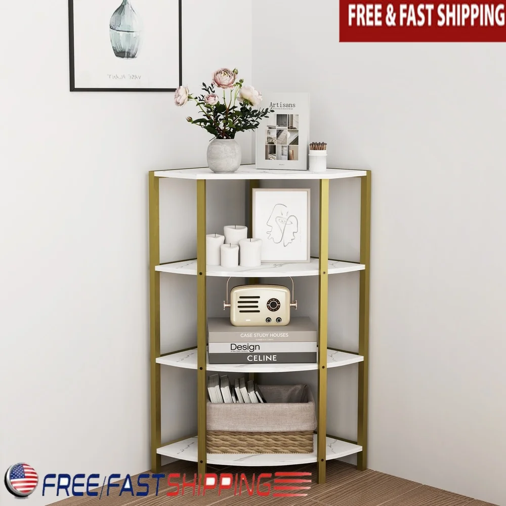 

4 Tier Corner Bookshelf Wooden Display Stand Metal Frame Freestanding Plant Rack Versatile Storage Living Room Home Office
