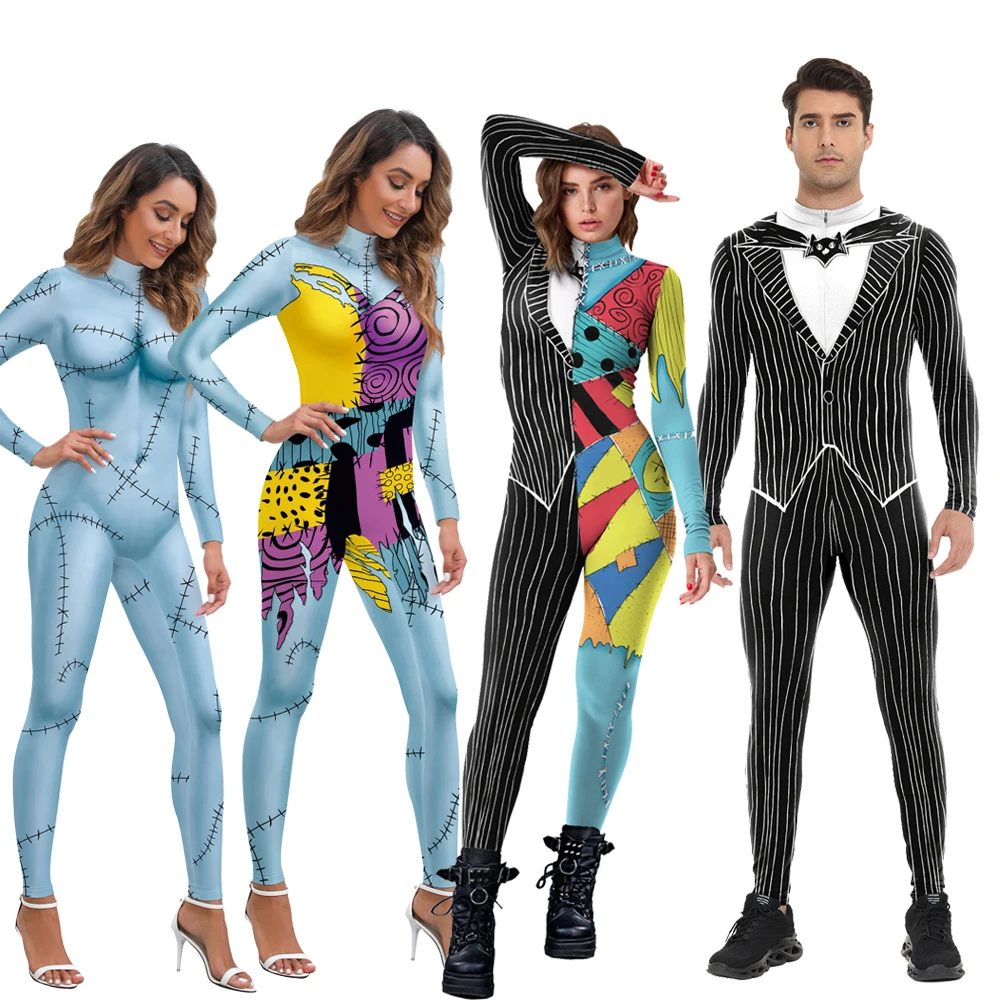 Halloween Nightmare Cosplay Costume For Adult Sally Jack Printed Carnival Elastic Party Zentai Bodysuits Day of the Dead