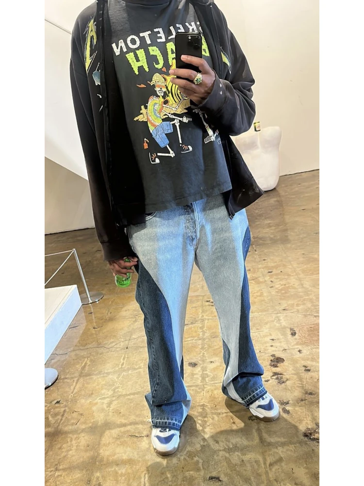 جينز رجالي كاجوال عتيق من American Sle بأرجل مستقيمة وواسعة الساق جينز متوسط الخصر مرقع فضفاض يناسب جميع المواسم #2