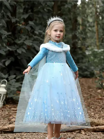 Girls' Spring 2025 New Velvet Elsa Frozen Princess Dress Kids Blue Cape 2 Piece Set Warm Dresses For Girl Party 3-9 Years Old ﻿